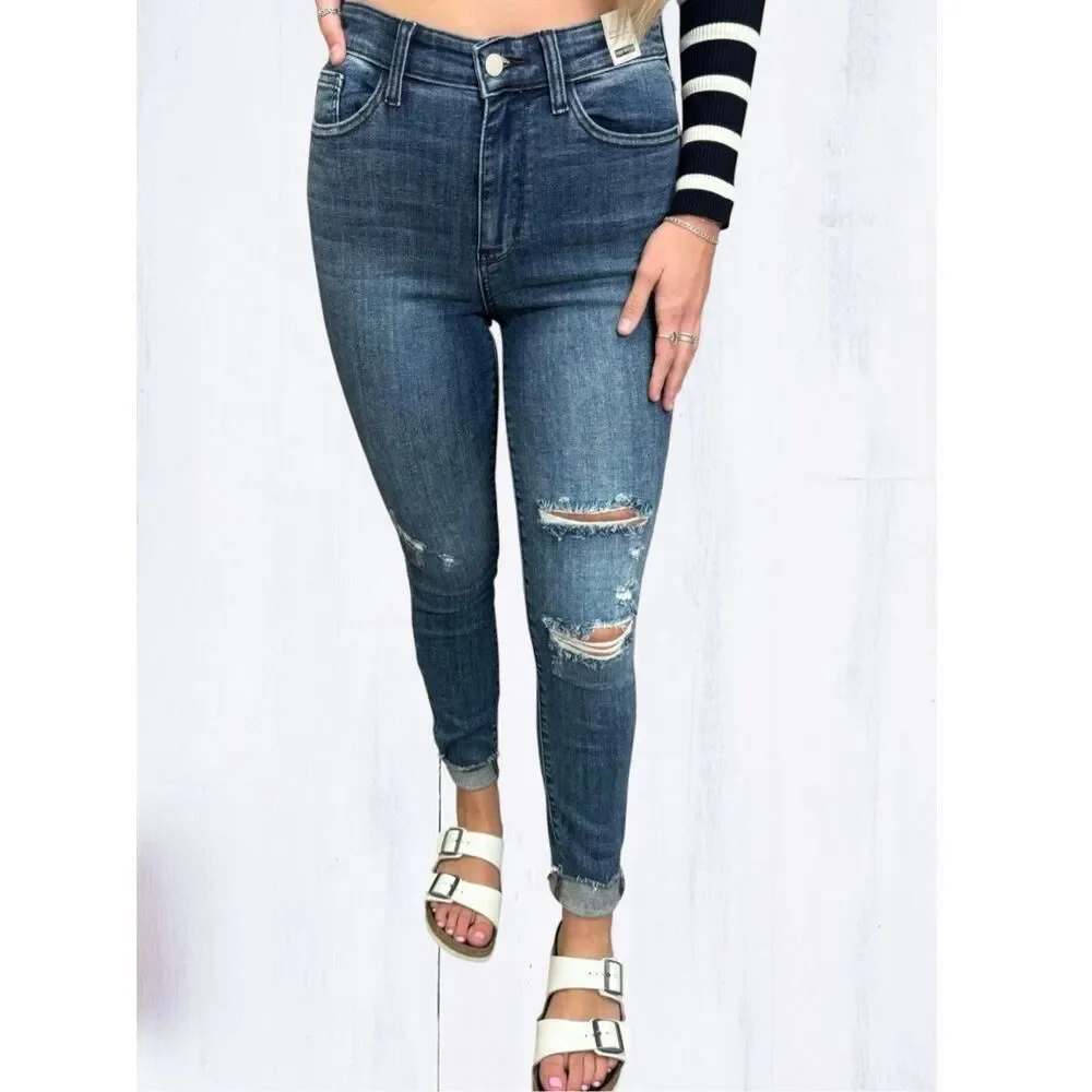 Judy Blue High Rise Skinny Jeans Dark Wash Distressed Stretch Denim Raw Hem NEW